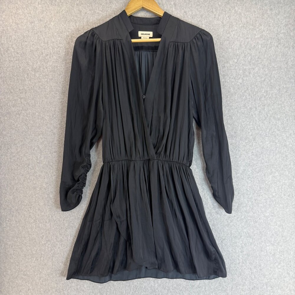 Zadig & Voltaire Womens Small Reveal Satin Dress Charcoal Gray V-Neck Faux Wrap‎
